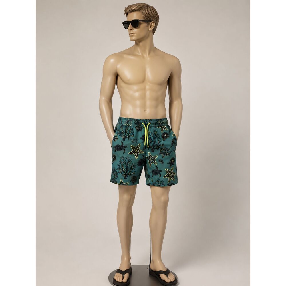 Maamgic Men's Sea Turtle Starfish Coral Print Swim Trunks Size L 5" Inseam
